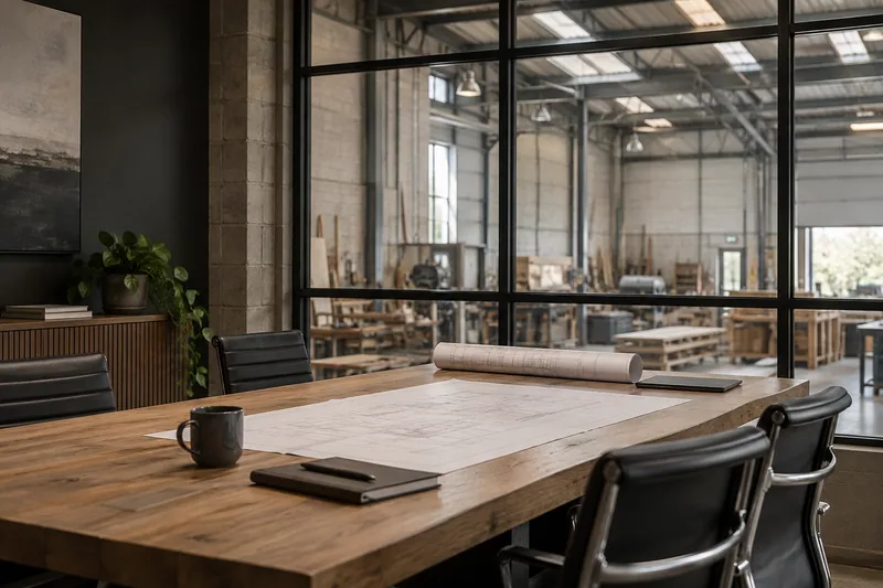 Illustration: Construction office with a timber meeting table overlooking a workshop