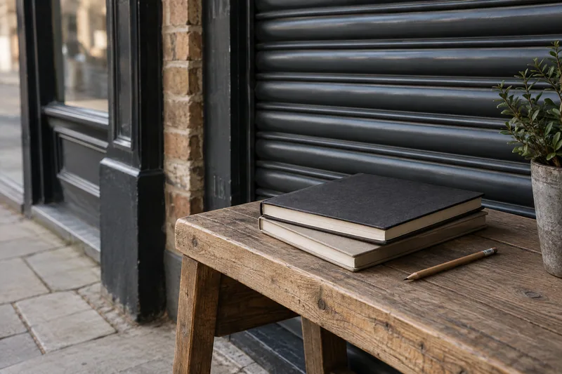 Illustration: Unmarked business ledgers beside a retail shutter; not Hall of Vape premises