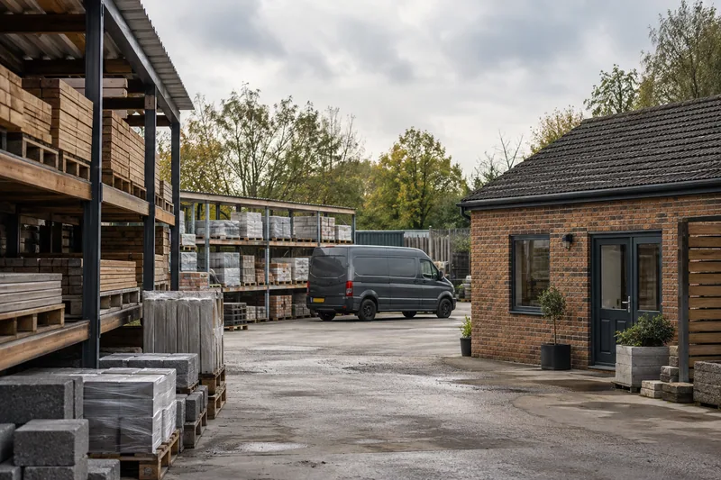 Illustration: Building contractor yard with ordered material racks and an unbranded work van