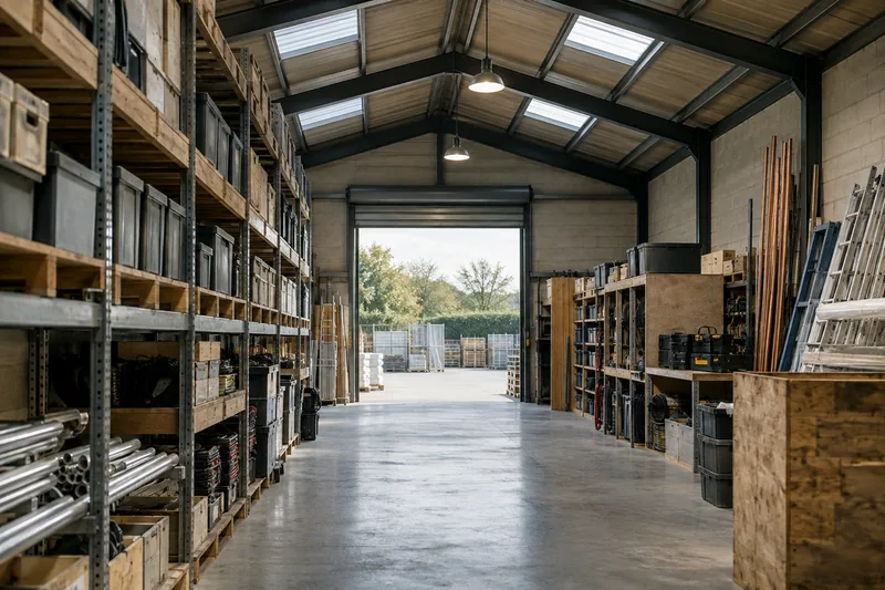 Illustration: Orderly warehouse aisle with equipment and materials stored on open shelves