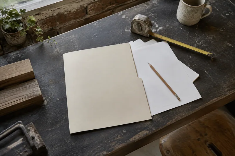 Illustration: Blank business folder, papers, tape measure and pencil on a work table