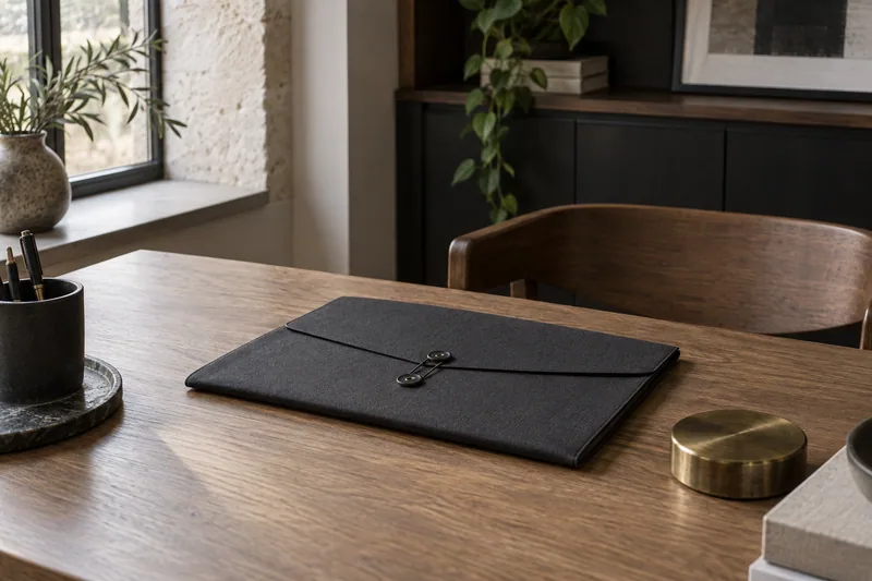 Illustration: Closed charcoal document wallet on a timber desk