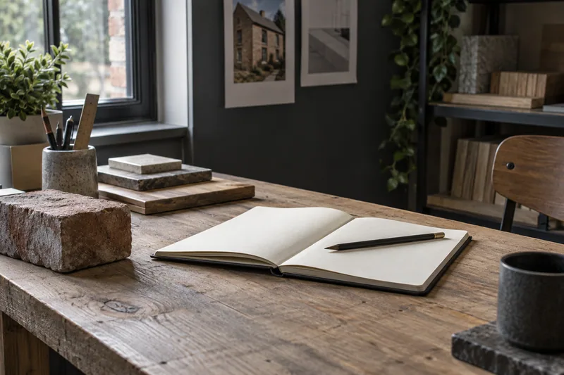 Illustration: Open notebook and pencil beside a brick sample on an office desk